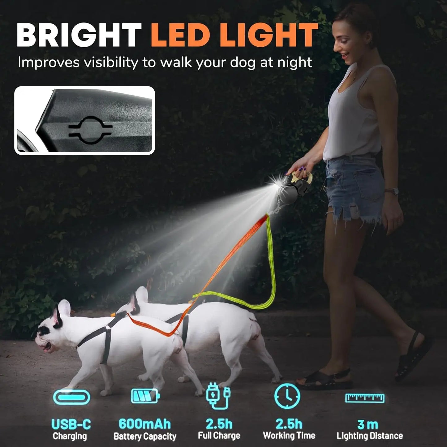 Retractable Dual Leash with LED Flashlight - The Canine Cart